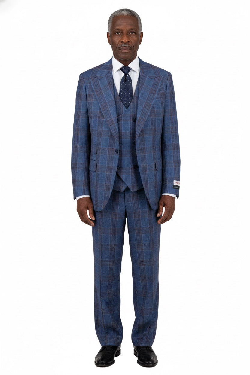 The Tiglio Rosso Orvietto Semi Wide Leg Denim Blue/Red TL8314 suit features a blazer and matching trousers, displayed on a white background.