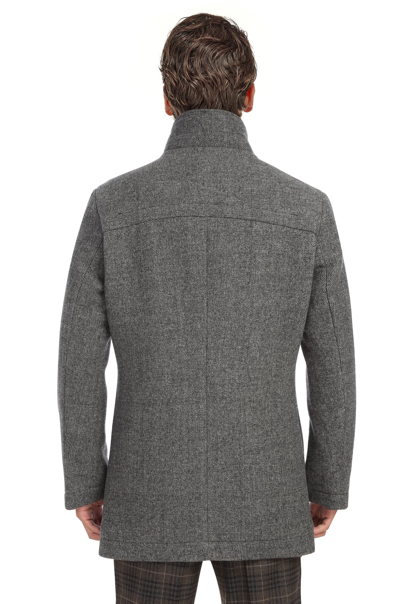 A man wearing the Renoir ALESSANDRO VITELLO Gray Long Coat 830-12 stands against a white background, paired with brown plaid pants.