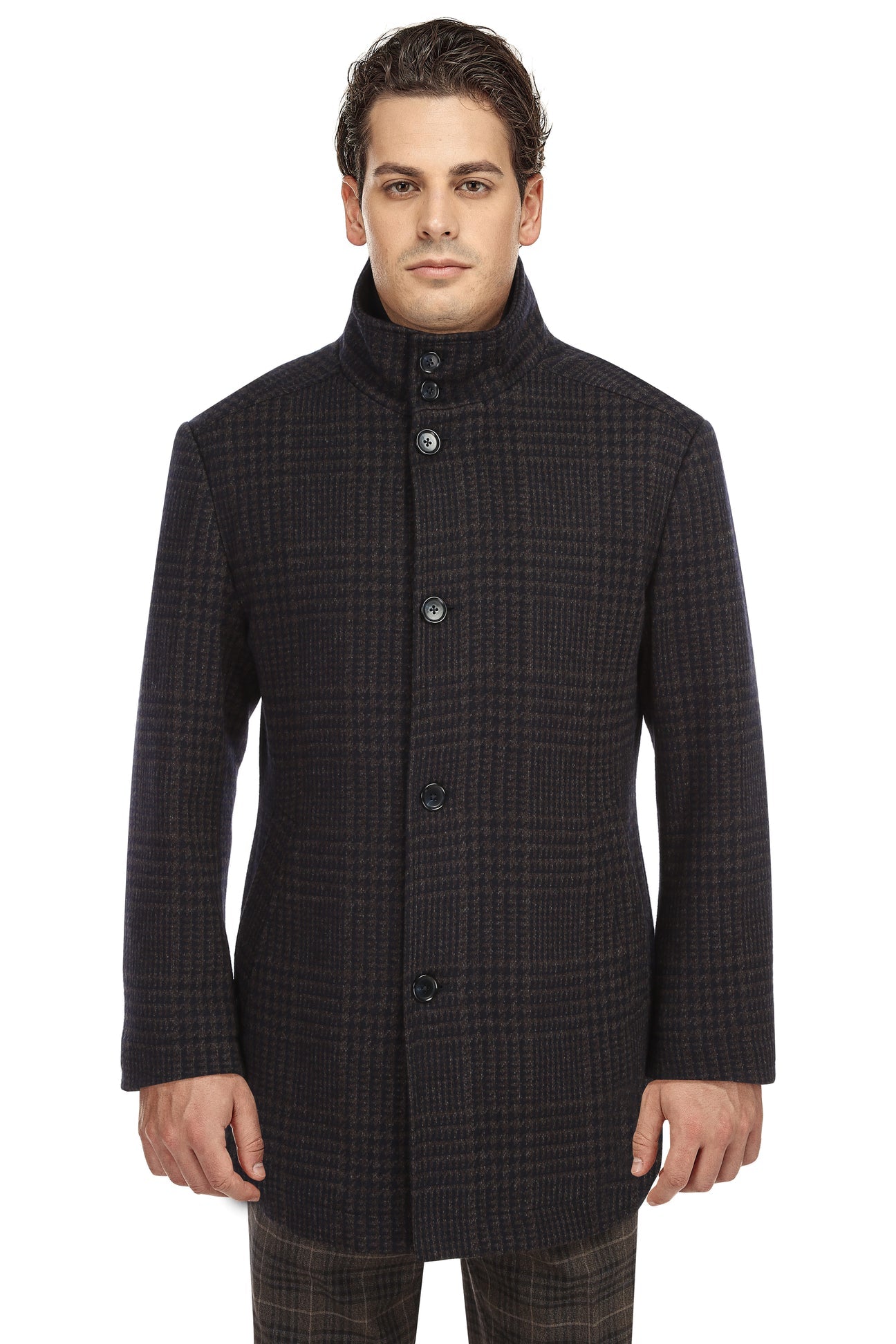 A man wears the Alessandro Vitello ALESSANDRO VITELLO Brown Long Coat 830-13, facing forward against a white background.