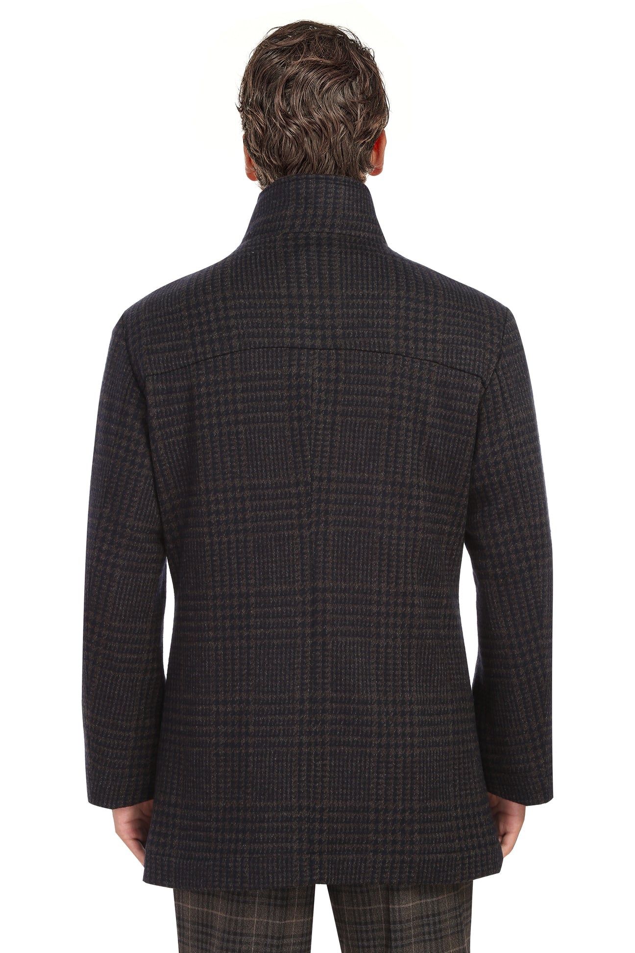 A man wears the Alessandro Vitello ALESSANDRO VITELLO Brown Long Coat 830-13, facing forward against a white background.