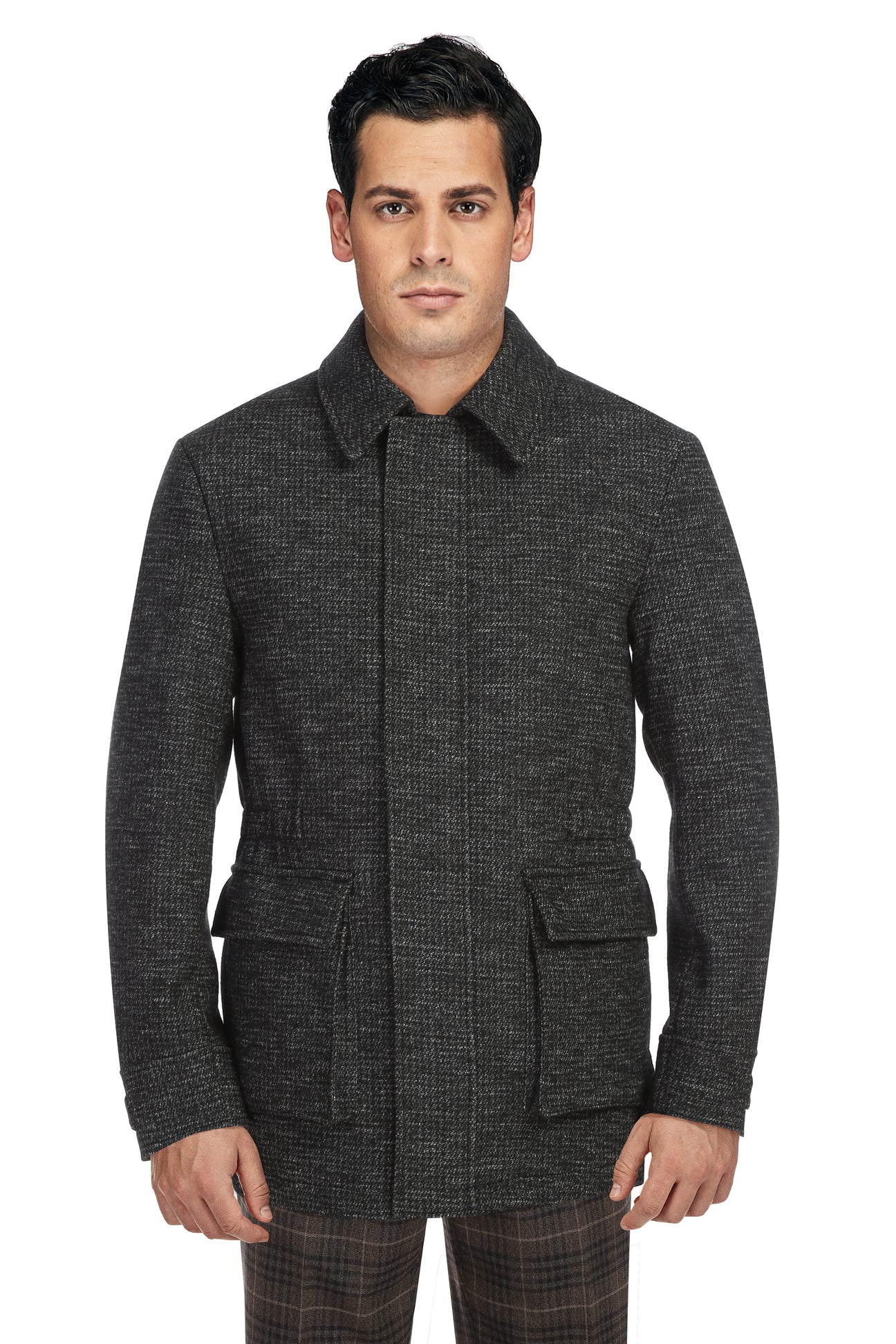 A man wearing the Alessandro Vitello ALESSANDRO VITELLO Short Coat 830-6, a dark grey single-breasted wool blend jacket with front flap pockets and a standing collar, stands against a plain white background.