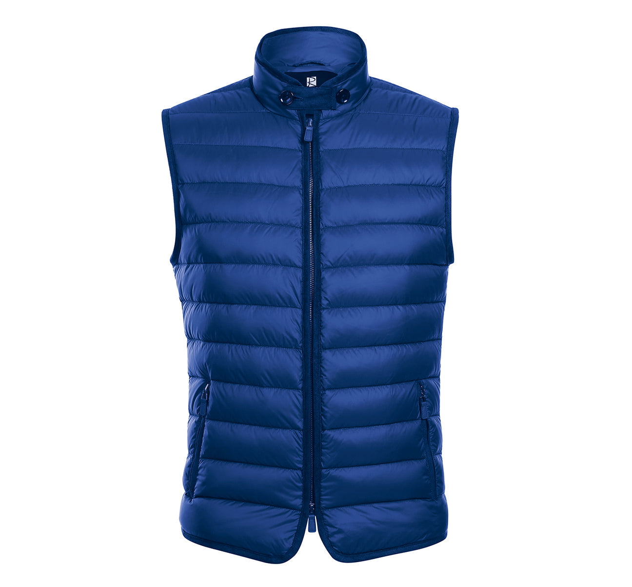 The Alessandro Vitello by Renoir Jonathan Nylon Down Navy Vest 831-9 is a blue, padded sleeveless jacket featuring a high collar and zipper closure, making it ideal for winter days. Designed by Renoir and crafted as a nylon down vest, it offers warmth without the weight.