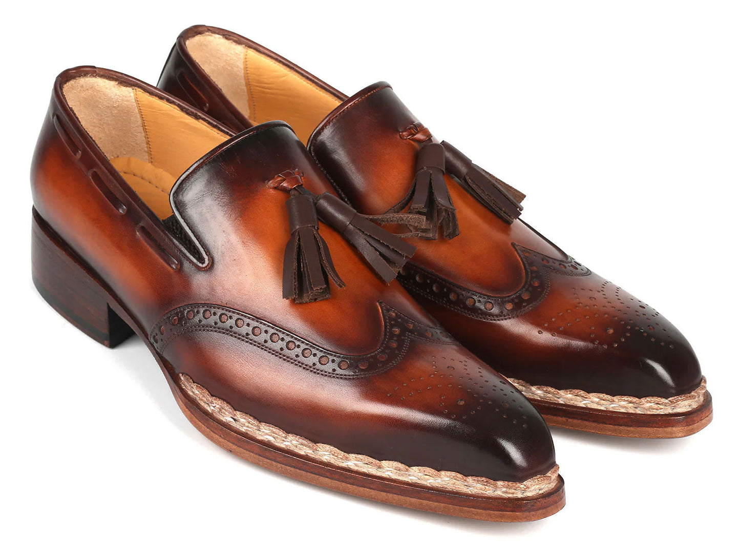 Paul Parkman Norwegian Welted Tassel Loafers Brown Burnished (8507-BRW), handcrafted from hand-painted leather with decorative perforations, braided trim, and stacked heels, shown on a white background.