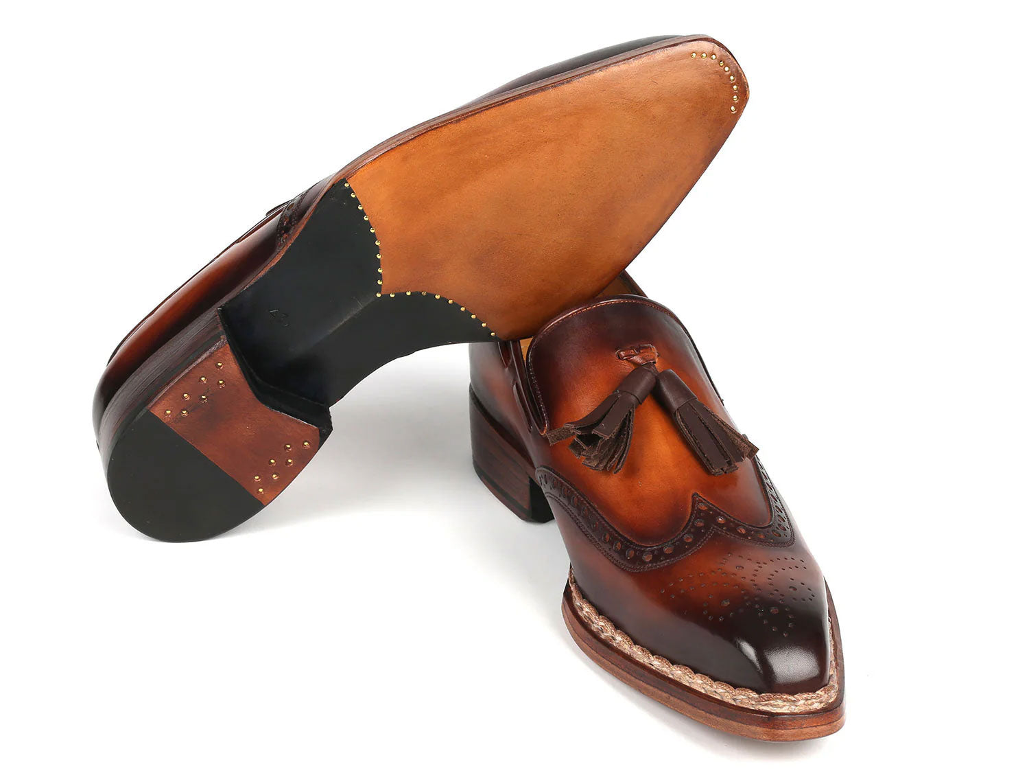 Paul Parkman Norwegian Welted Tassel Loafers Brown Burnished (8507-BRW), handcrafted from hand-painted leather with decorative perforations, braided trim, and stacked heels, shown on a white background.