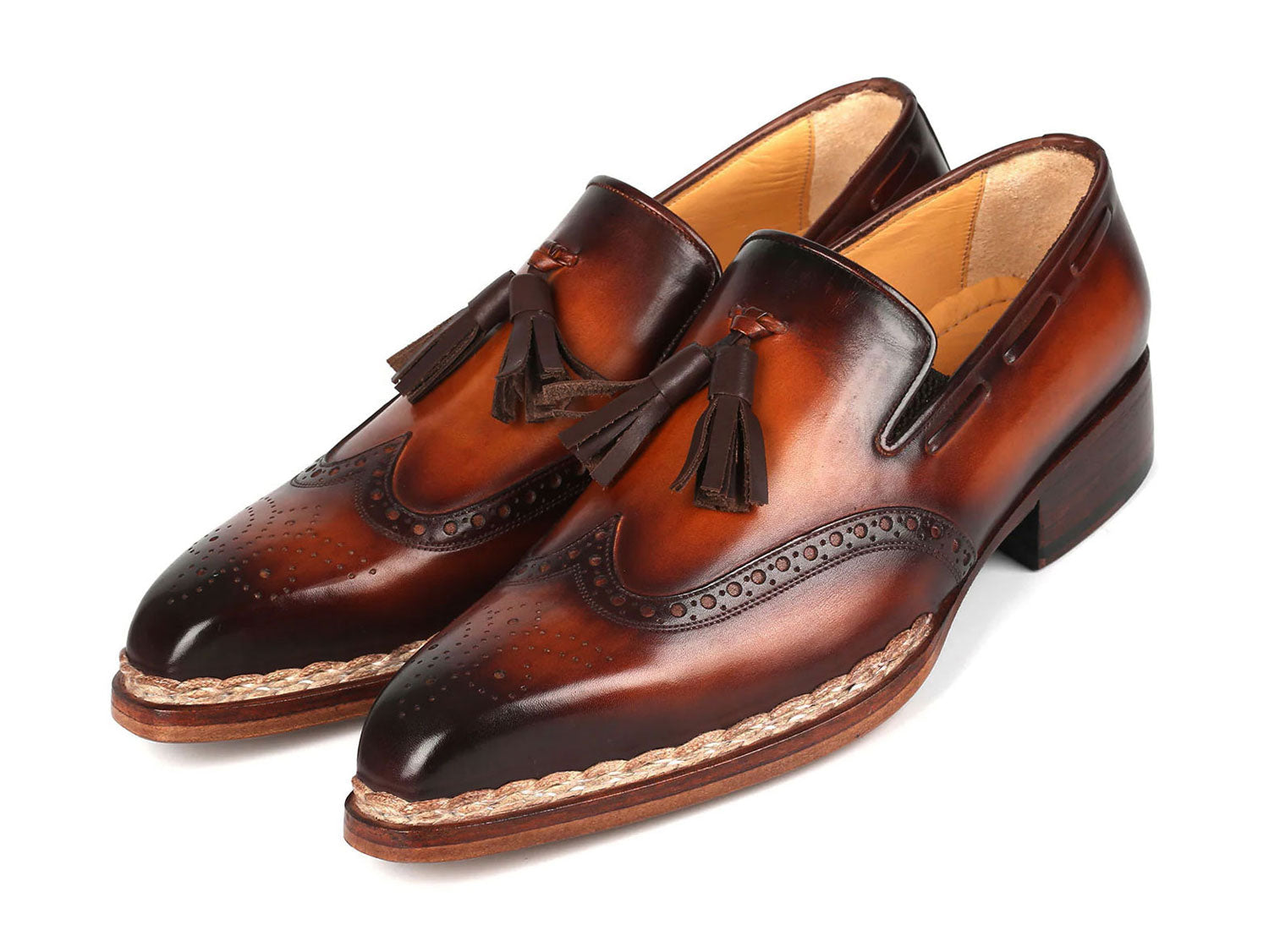 Paul Parkman Norwegian Welted Tassel Loafers Brown Burnished (8507-BRW), handcrafted from hand-painted leather with decorative perforations, braided trim, and stacked heels, shown on a white background.