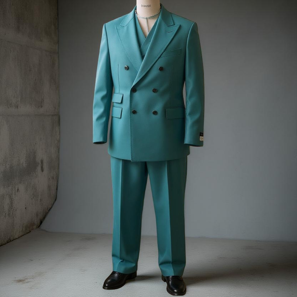 The Tiglio Rosso DB Este TL2616 is a teal double-breasted 100% wool suit by Tiglio Rosso, featuring matching wide-leg trousers shown on a white background.