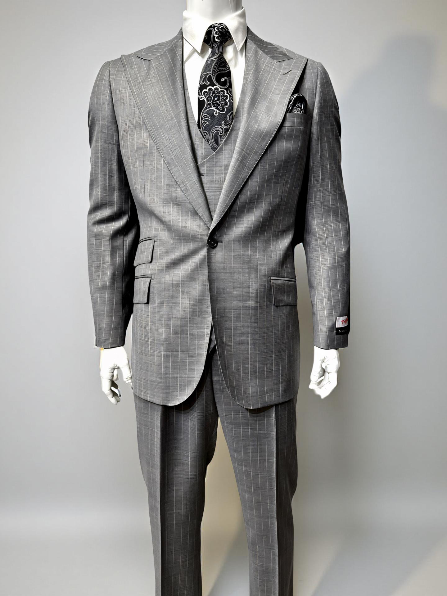 A mannequin wears the Tiglio Rosso Orvietto Grey Pinstripe Semi Wide Leg TL8012 suit with a matching vest, white dress shirt, and patterned tie, displayed against a plain background.