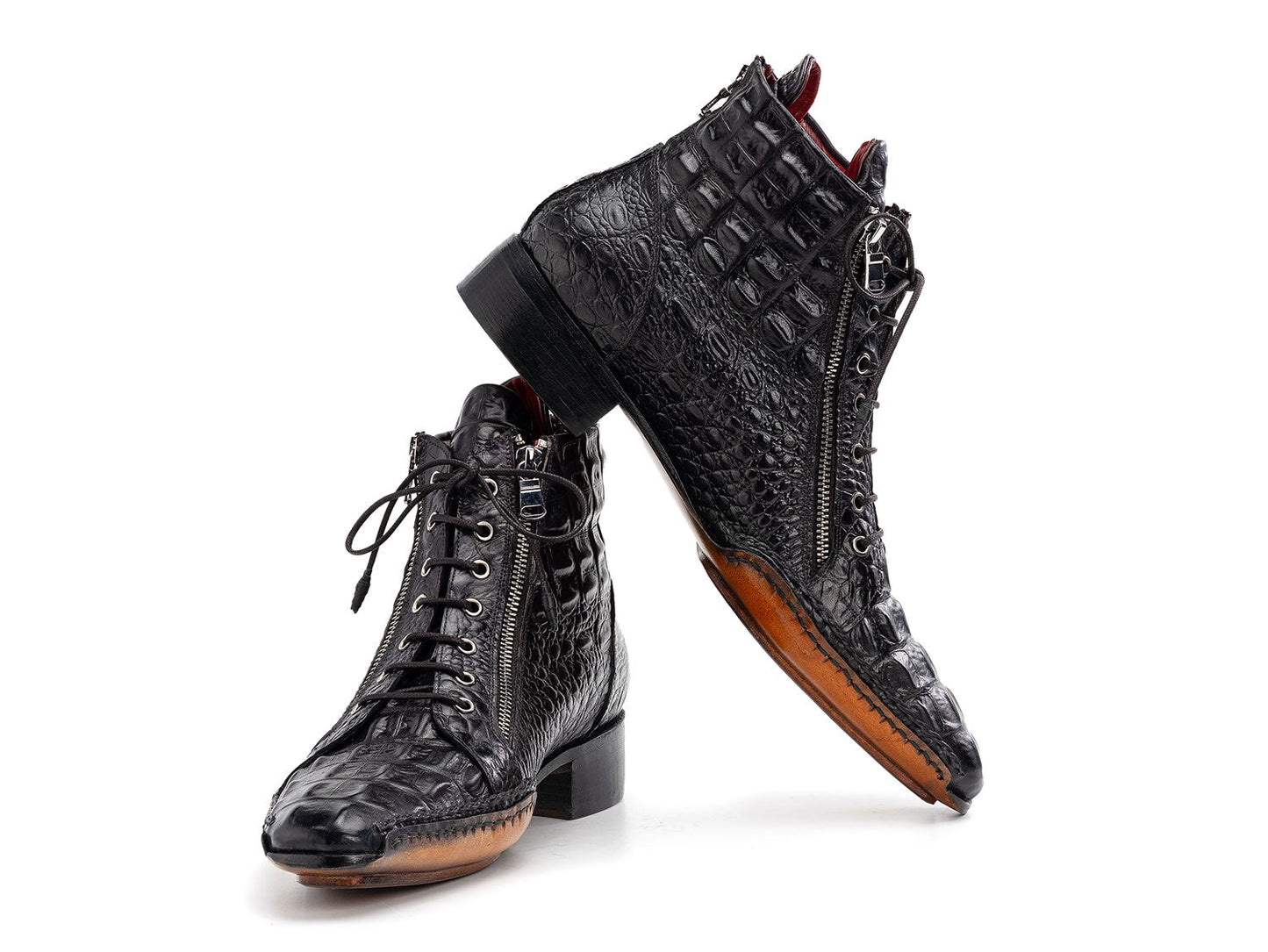 The Paul Parkman Black Crocodile Textured Leather Men's Zipper Boots (88APT68) feature laces, side zippers, and a brown sole.