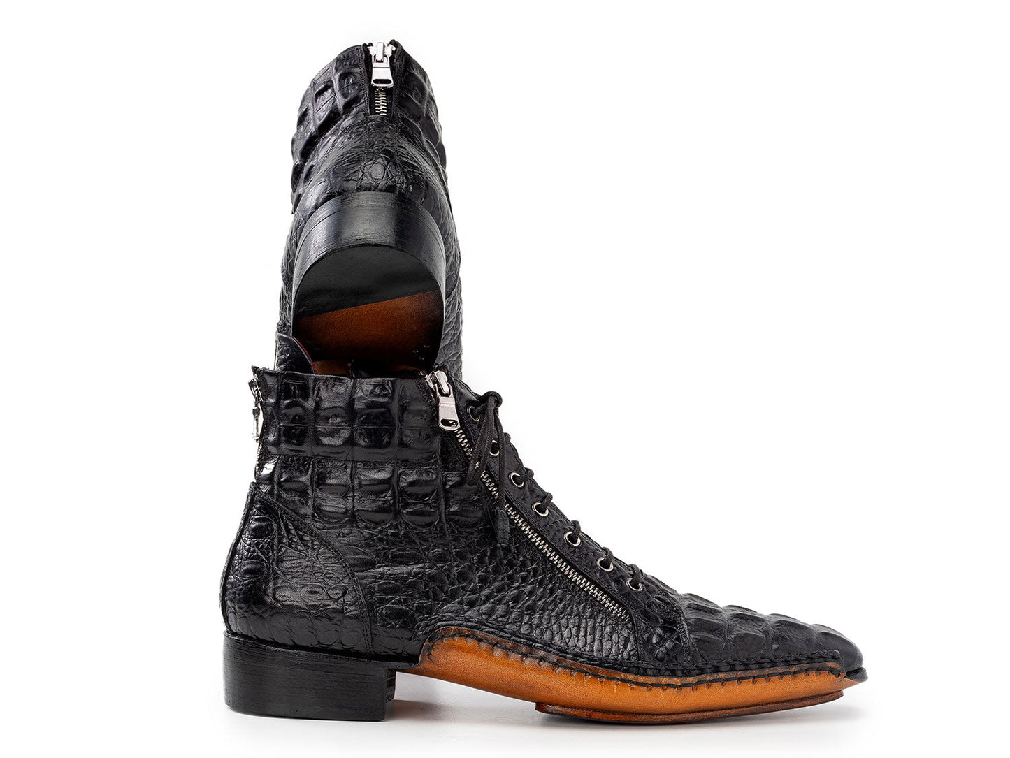 The Paul Parkman Black Crocodile Textured Leather Men's Zipper Boots (88APT68) feature laces, side zippers, and a brown sole.