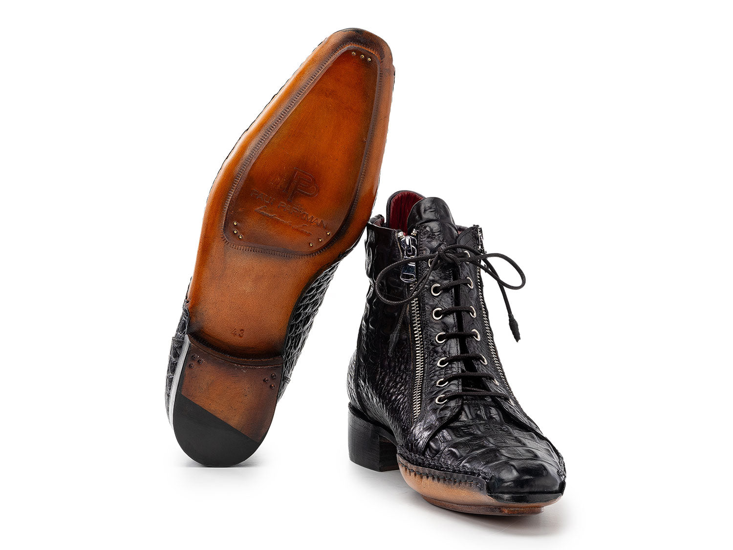The Paul Parkman Black Crocodile Textured Leather Men's Zipper Boots (88APT68) feature laces, side zippers, and a brown sole.
