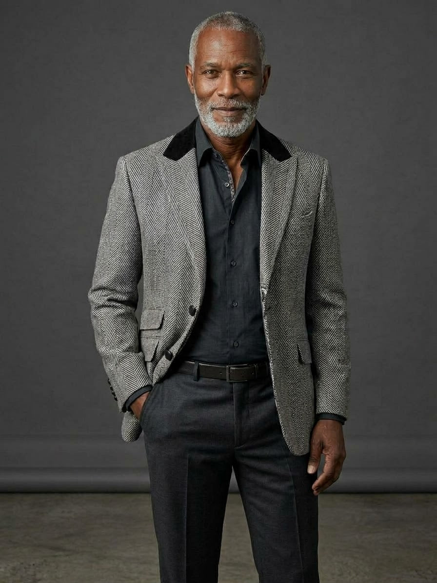 A man with gray hair and beard models the Inserch Black Herringbone Blazer BL273 (FINAL SALE) over a black shirt and dark pants, posing with one hand in his pocket.
