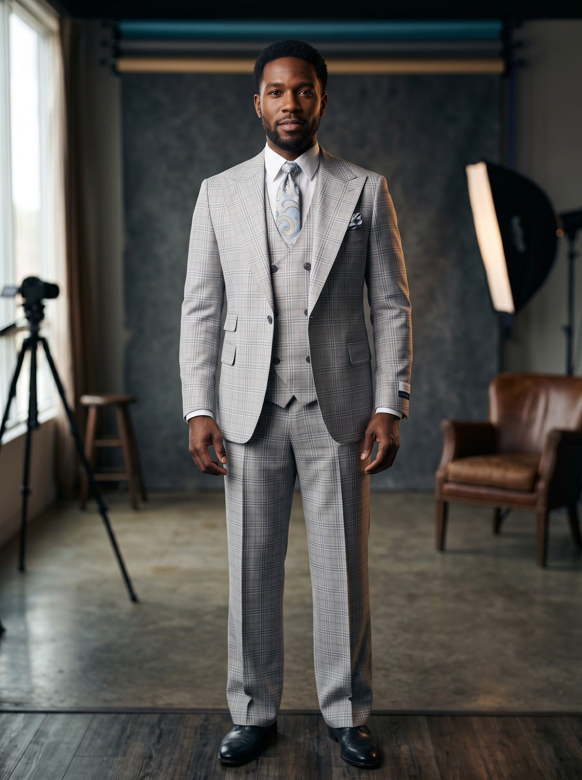 A man wearing a light grey, blue, and rust plaid Tiglio Rosso Orvietto Light Grey/Blue/Rust Plaid Semi Wide Leg 9052/03 three-piece suit with a wide-leg fit, white dress shirt, and patterned tie.