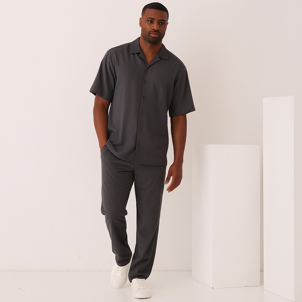 The Inserch 2pc Set features a white short-sleeve microfiber button-up shirt with a spread collar, laid flat on a light background. Brand: Inserch.