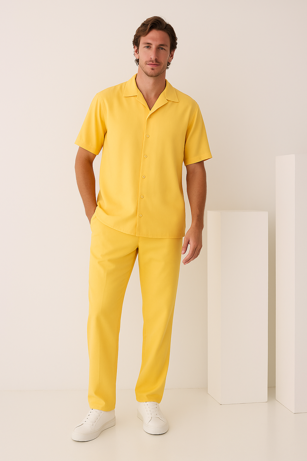 The Inserch 2pc Set (Shirts and Pants) Banana Cream by Inserch features a regular fit, short-sleeved button-up shirt with a camp collar in yellow microfiber, laid flat on a plain background.