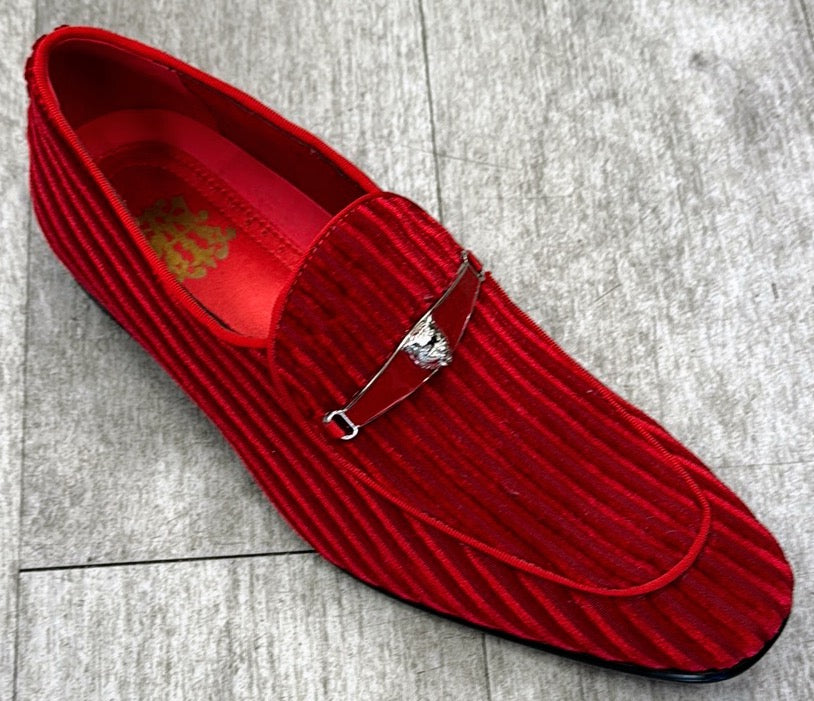 The Exclusive Formal Dress Shoe Red 6946 by UNIQUE DESIGN MENSWEAR, available in size 9 and 9.5 only, features textured genuine leather in red with a silver buckle, displayed on a light gray tiled floor.