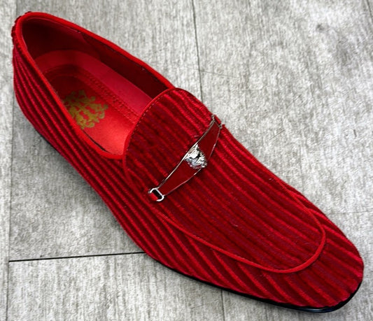 The Exclusive Formal Dress Shoe Red 6946 by UNIQUE DESIGN MENSWEAR, available in size 9 and 9.5 only, features textured genuine leather in red with a silver buckle, displayed on a light gray tiled floor.