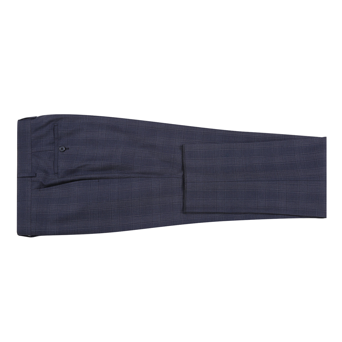 A man wears the English Laundry ENGLISH LAUNDRY 2pc Wool Suit Navy EL22-60-410; close-ups highlight its navy plaid fabric (90% wool, 10% polyester), inner lining, buttons, and embroidered label.