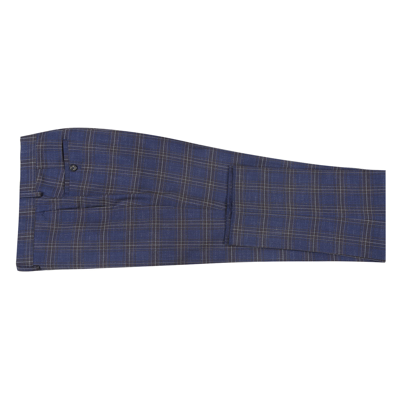 The ENGLISH LAUNDRY TR Suit 12-52-410EL by English Laundry is a slim fit blue plaid jacket with notch lapels, two buttons, and flap pockets, styled over a white dress shirt and red patterned tie on a display mannequin.