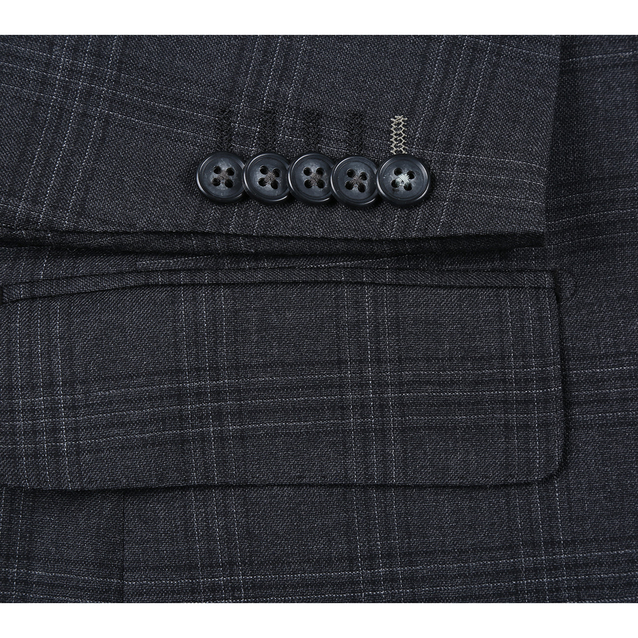 The ENGLISH LAUNDRY Dark Gray Check Suit EL12-58-095 by English Laundry is shown on a mannequin, styled with a white dress shirt and striped tie for a timeless men's suit ensemble.