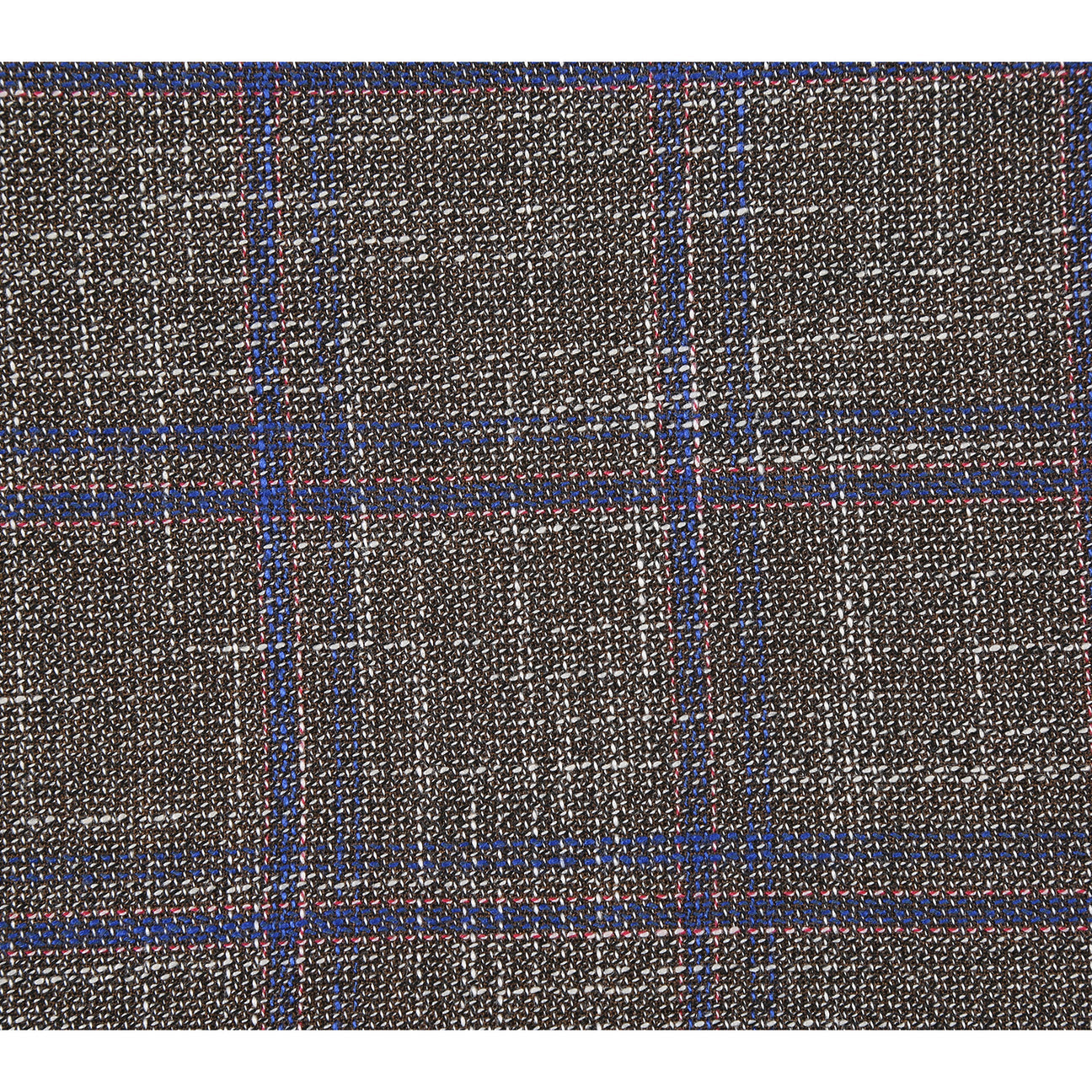 The Renoir Alessandro Vitello Slim Fit Sport Coat 294-29, a gray plaid jacket with purple stripes and a notch lapel, is stylishly displayed on a mannequin with a white dress shirt and orange patterned tie.