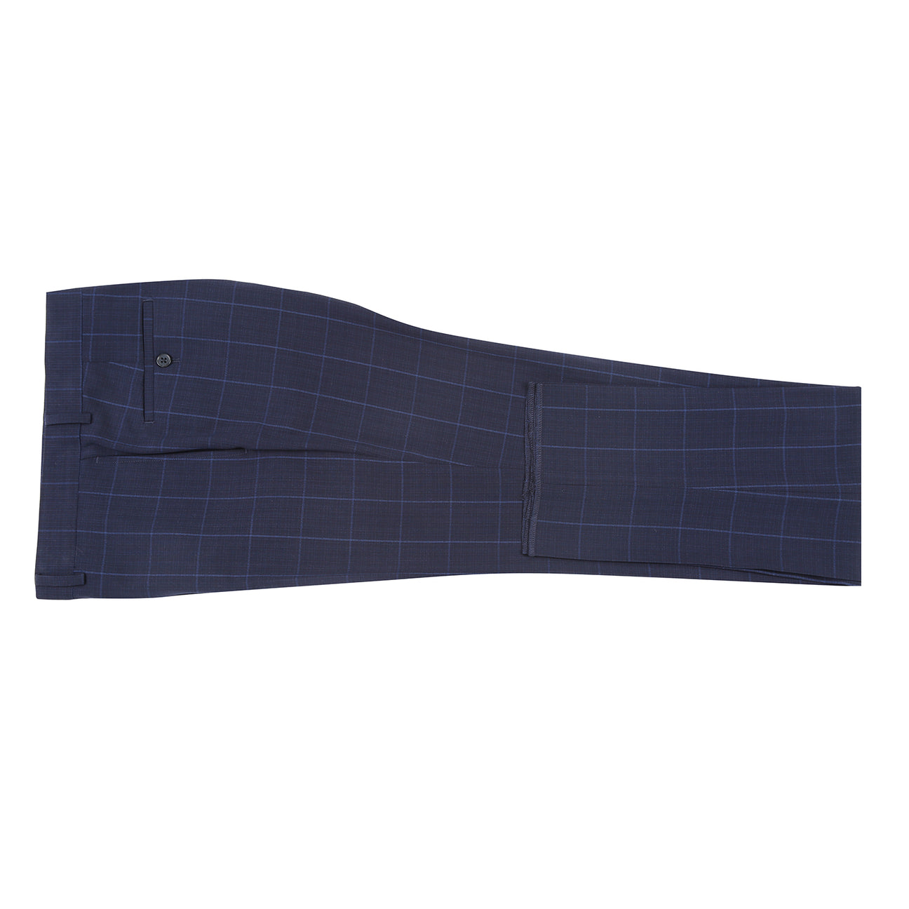 The ENGLISH LAUNDRY Midnight Blue Check Suit 12-55-410EL by English Laundry, featuring a slim fit jacket with notch lapels, is paired with a white dress shirt and red patterned tie on display.