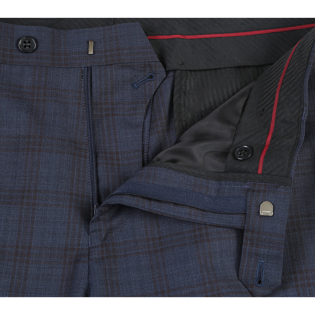 The Alessandro Vitello by Renoir 2-Piece Classic Fit Wool Suit, made from 100% Wool Super 140's, features a dark plaid pattern with a notch lapel and single button closure. It's paired with a white dress shirt and brown patterned tie on a mannequin displaying its 2B side-vented design.