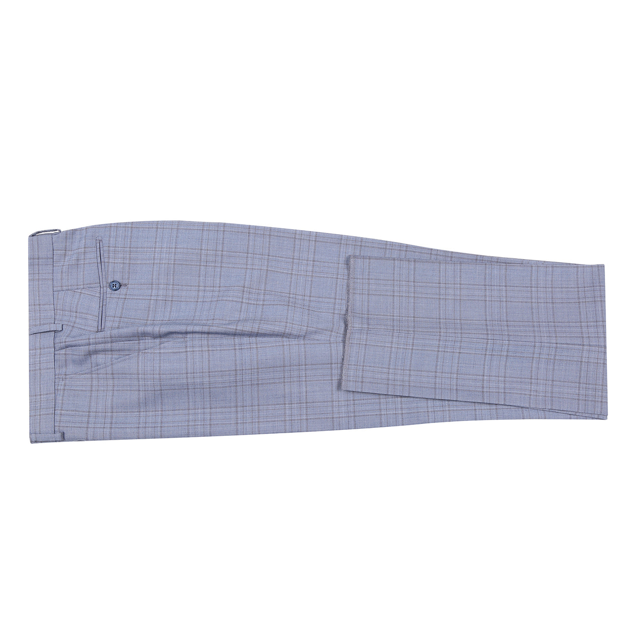 The Renoir Alessandro Vitello by Renoir Classic Fit Wool Blue Suit 568-7, featuring notch lapels, is displayed on a mannequin over a white dress shirt and navy blue patterned tie.