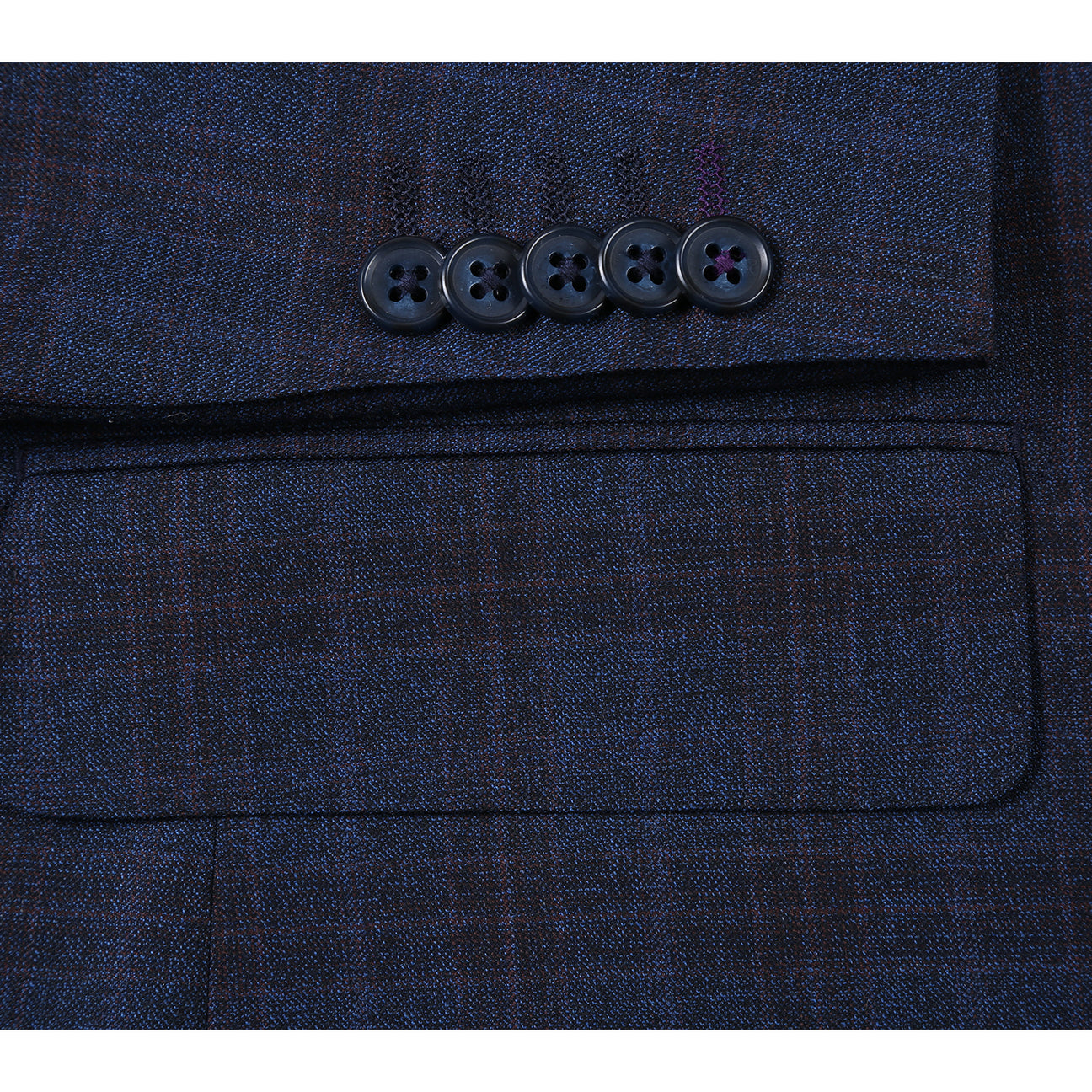 A mannequin wears the English Laundry ENGLISH LAUNDRY Dark Blue Check Suit EL12-55-410 with a white dress shirt and red patterned tie, set against a plain background.