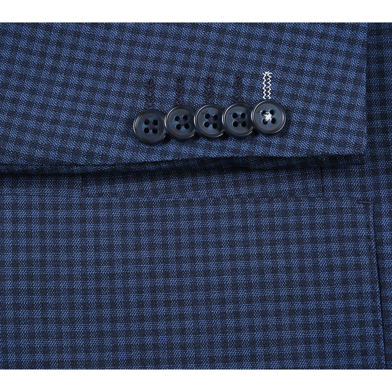 The ENGLISH LAUNDRY Navy Check Suit 22-10-412EL by English Laundry is a slim fit jacket with a two-button closure, styled with a white dress shirt and red patterned tie on a headless mannequin.