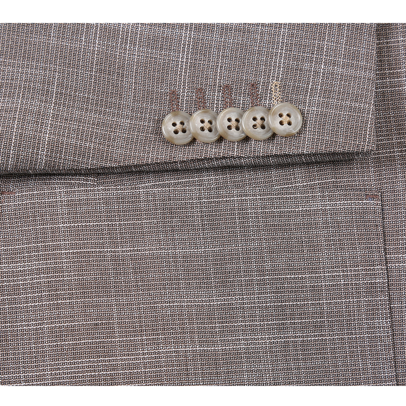 The ENGLISH LAUNDRY Brown Check Suit 22-18-652EL by English Laundry is a slim fit blazer with notch lapels, two-button closure, and patch pockets, shown over a white dress shirt and blue striped tie on a mannequin.