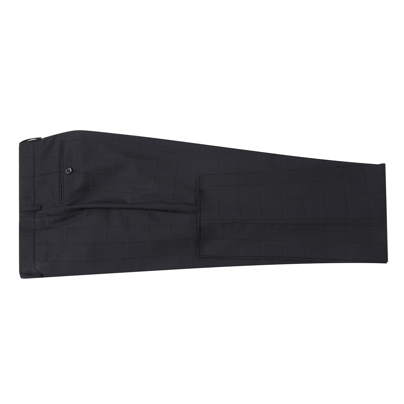 The Renoir Alessandro Vitello New Slim Fit Wool Black Suit 566-15 features a modern black checkered design, displayed on a mannequin with a white dress shirt and purple tie, blending classic style with contemporary fit.