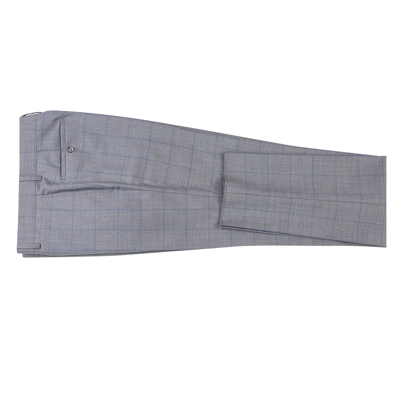 The ENGLISH LAUNDRY Wool Suit EL92-55-092 by English Laundry is a gray plaid wool slim-fit jacket with notch lapels, two buttons, and flap pockets, displayed over a white shirt and blue tie on a mannequin.
