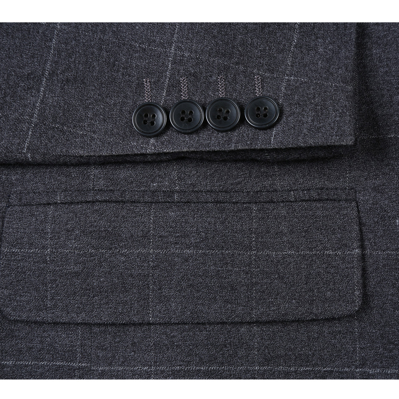 The Renoir Alessandro Vitello New Slim Fit Checked Gray Suit 293-31 is showcased on a mannequin over a white dress shirt with a purple polka dot tie, highlighting its modern elegance for men.