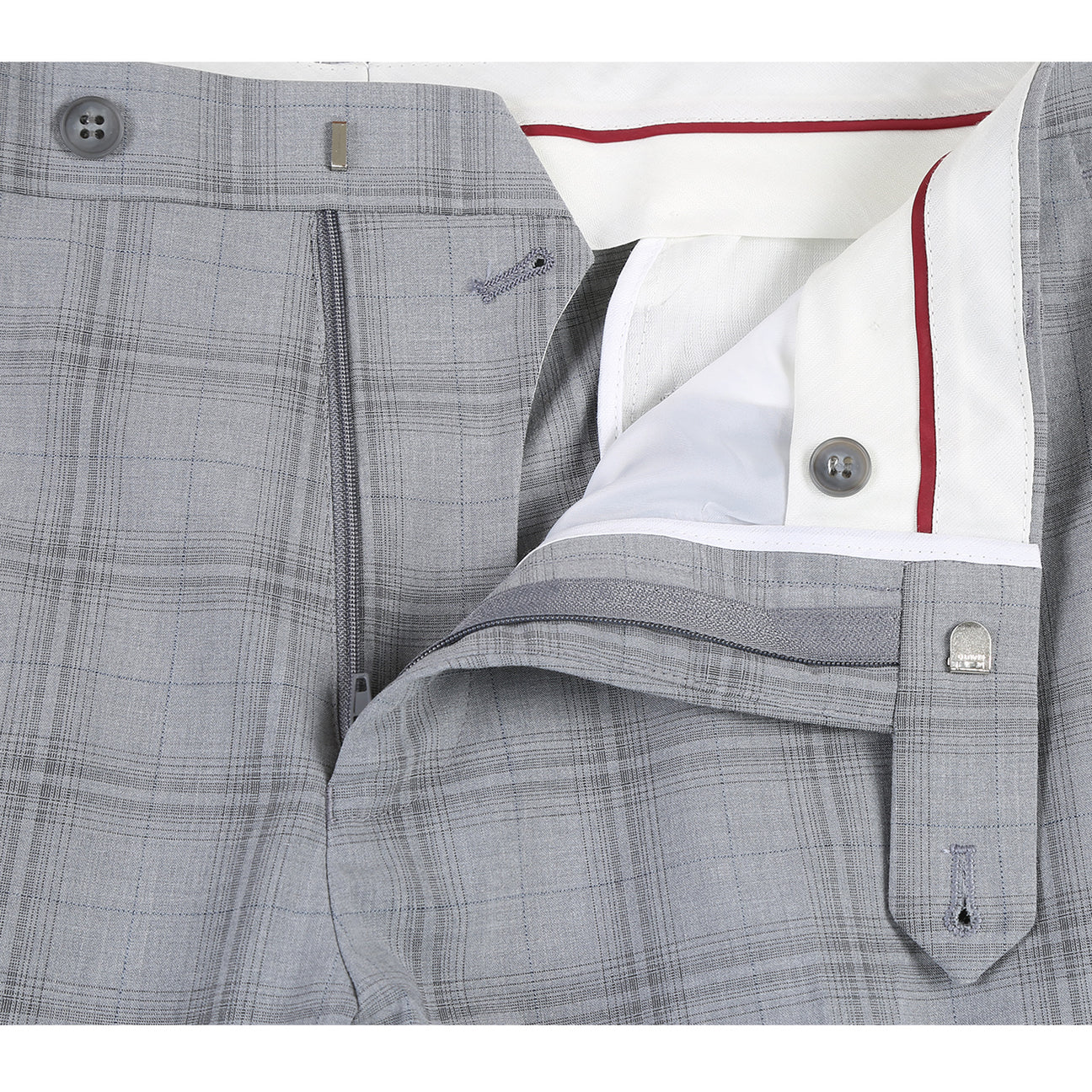 The Alessandro Vitello by Renoir Light Gray Classic Fit Suit (293-33), featuring a men's two-button jacket with notch lapels, is styled with a white dress shirt and patterned orange tie on a mannequin.