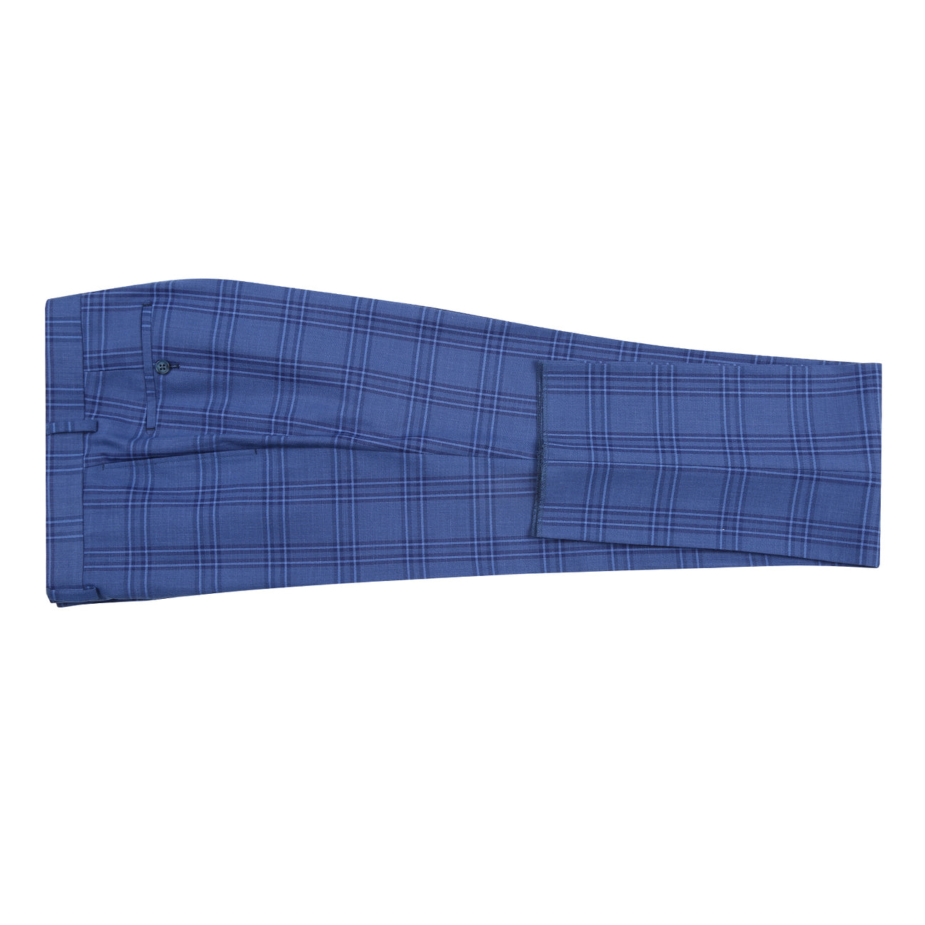 The ENGLISH LAUNDRY Blue Check Suit 12-63-411EL by English Laundry is a slim fit blue plaid blazer with two-button closure, notch lapels, front pockets, and a colorful floral lining, shown on a white background.