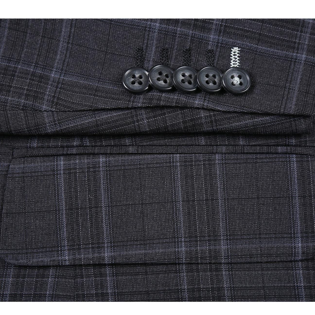 The ENGLISH LAUNDRY Dark Gray Check Suit 22-57-095EL by English Laundry features a slim fit, black and gray plaid design with a two-button closure, styled over a white shirt and blue patterned tie on a mannequin.