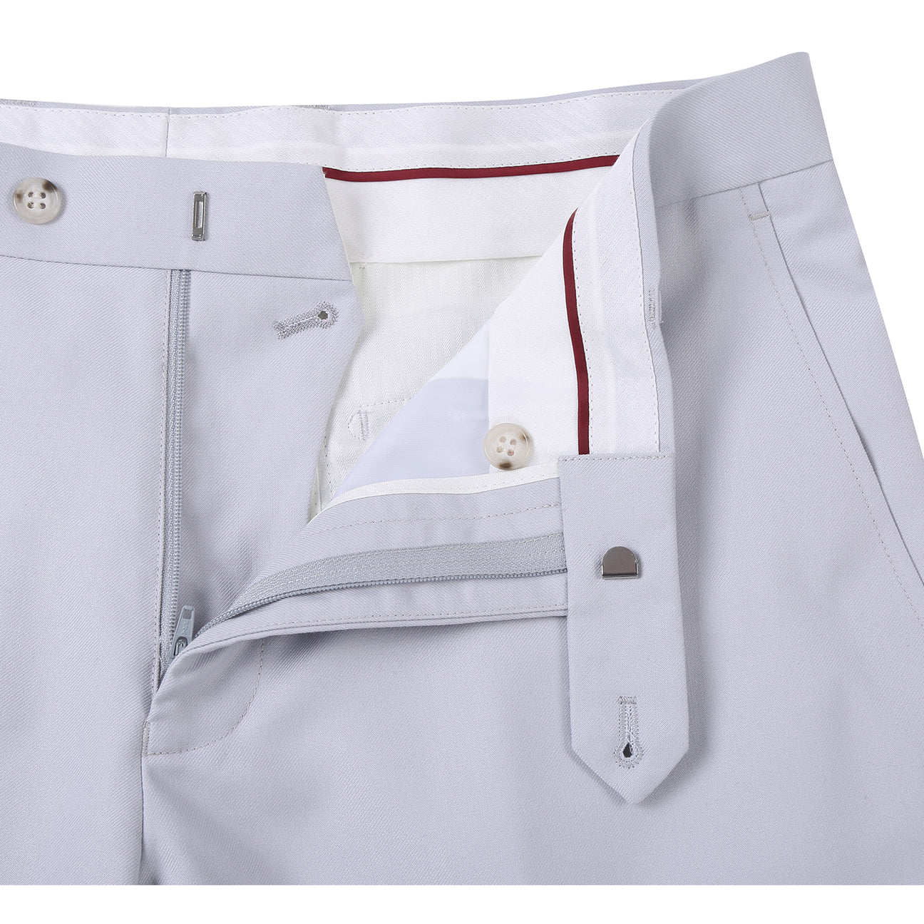 The Alessandro Vitello by Renoir 2-Piece Slim Fit Suit in Perl Gray features a single-breasted notch lapel jacket, shown on a mannequin with a white shirt, brown and pink striped tie, and dotted pocket square for lightweight comfort.