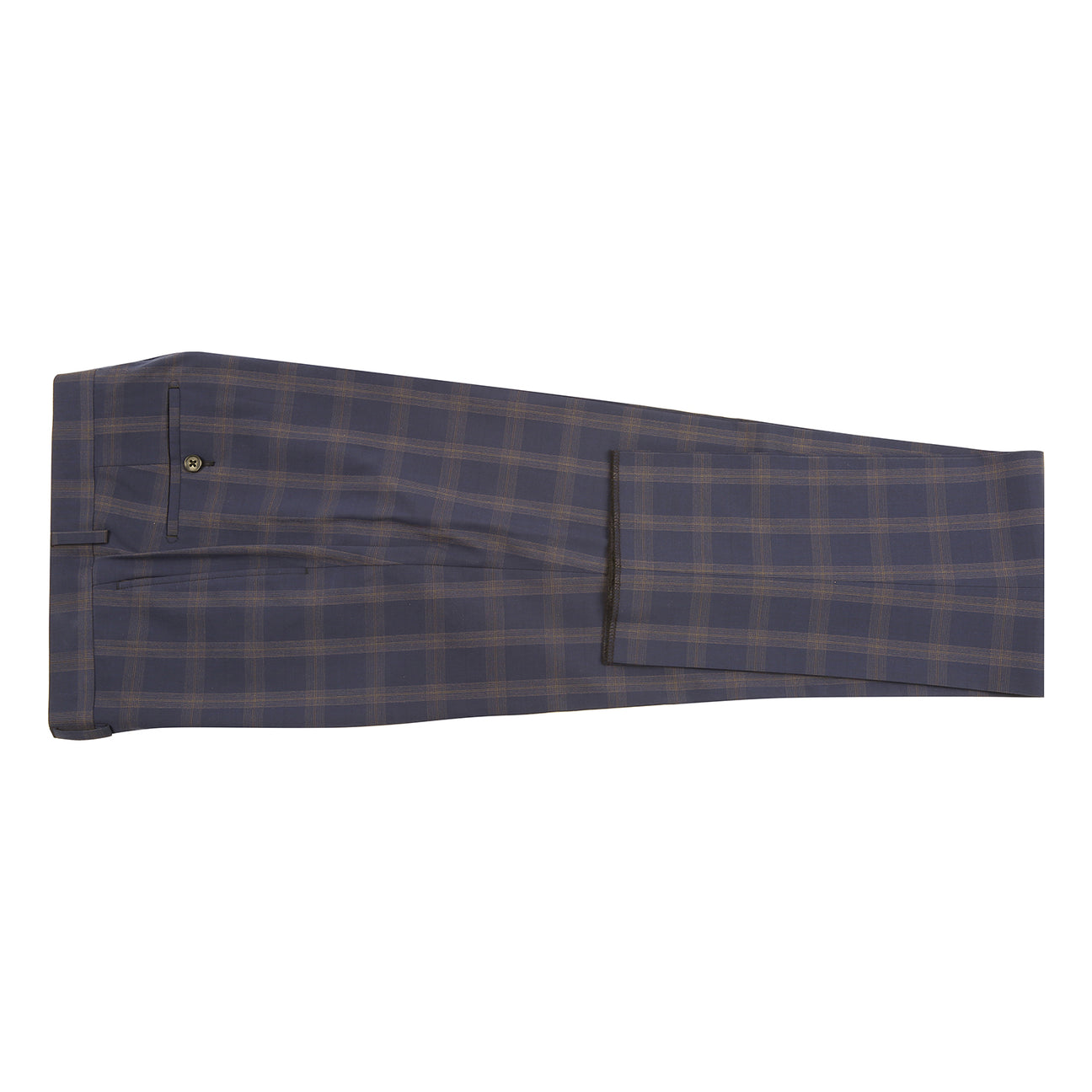 The ENGLISH LAUNDRY TR Suit 12-58-410EL by English Laundry is a navy blue plaid blazer with notch lapels, two buttons, flap pockets, and a colorful patterned inner lining shown in a front-facing view.
