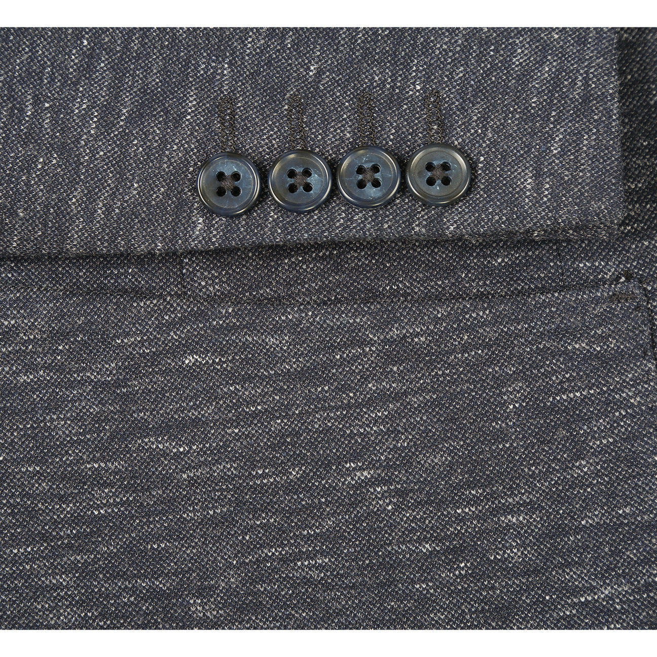 The Pellagio Men's Half Canvas Blazer Gray Blue PF24-1, a slim fit with notched lapel, is showcased on a mannequin with a white shirt, striped tie, and colorful pocket square.