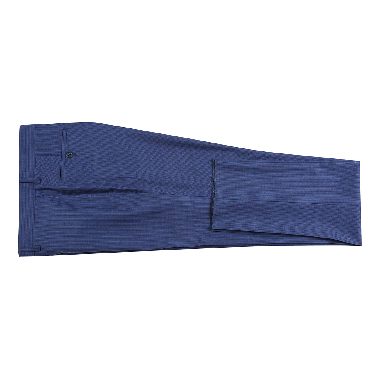 The English Laundry ENGLISH LAUNDRY 2pc Wool Suit Navy EL22-33-411 is a slim fit men's two-button jacket with blue pinstripes, side pockets, and a patterned inner lining, shown on a white background.