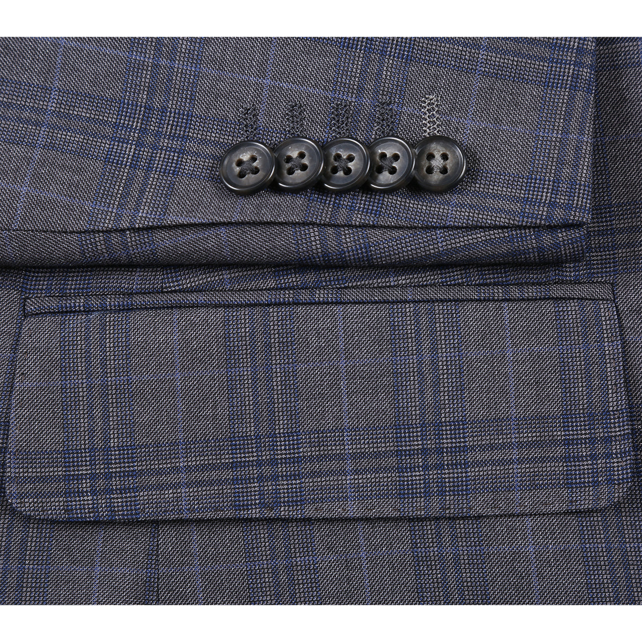 The ENGLISH LAUNDRY Gray Check Suit 22-57-500EL by English Laundry, a slim fit plaid jacket with a single black button, is shown over a white shirt and black tie on a headless mannequin against a white background.