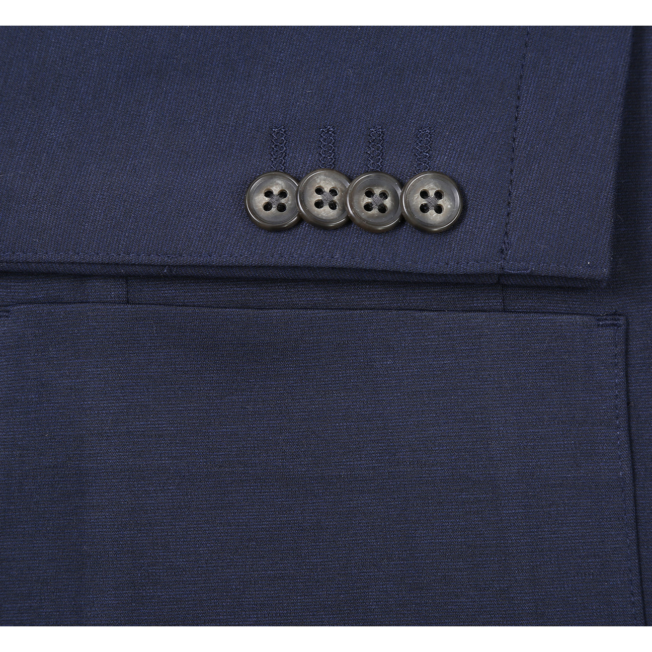 The mannequin wears a Pellagio Midnight Navy Men's Half Canvas Suit PF24-16, featuring a notched lapel, slim fit, and two buttons, paired with a white shirt and red patterned tie.