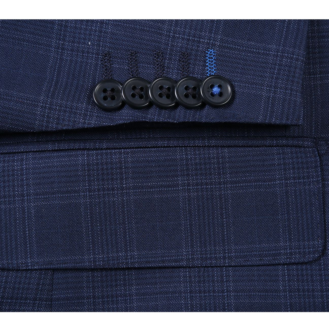 The ENGLISH LAUNDRY Blue Check Suit EL12-50-410 by English Laundry features a classic blue check pattern with notch lapels, paired with a white dress shirt and red patterned tie—an elegant, timeless men's style.
