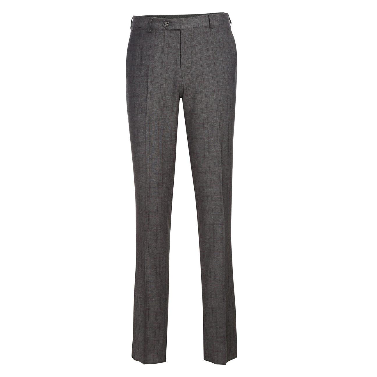 The Alessandro Vitello by Renoir New Slim Fit Gray Suit 293-47 is displayed on a mannequin, featuring a dark gray plaid design, polyester-rayon-spandex blend, paired with a white shirt, red patterned tie, and pocket square.