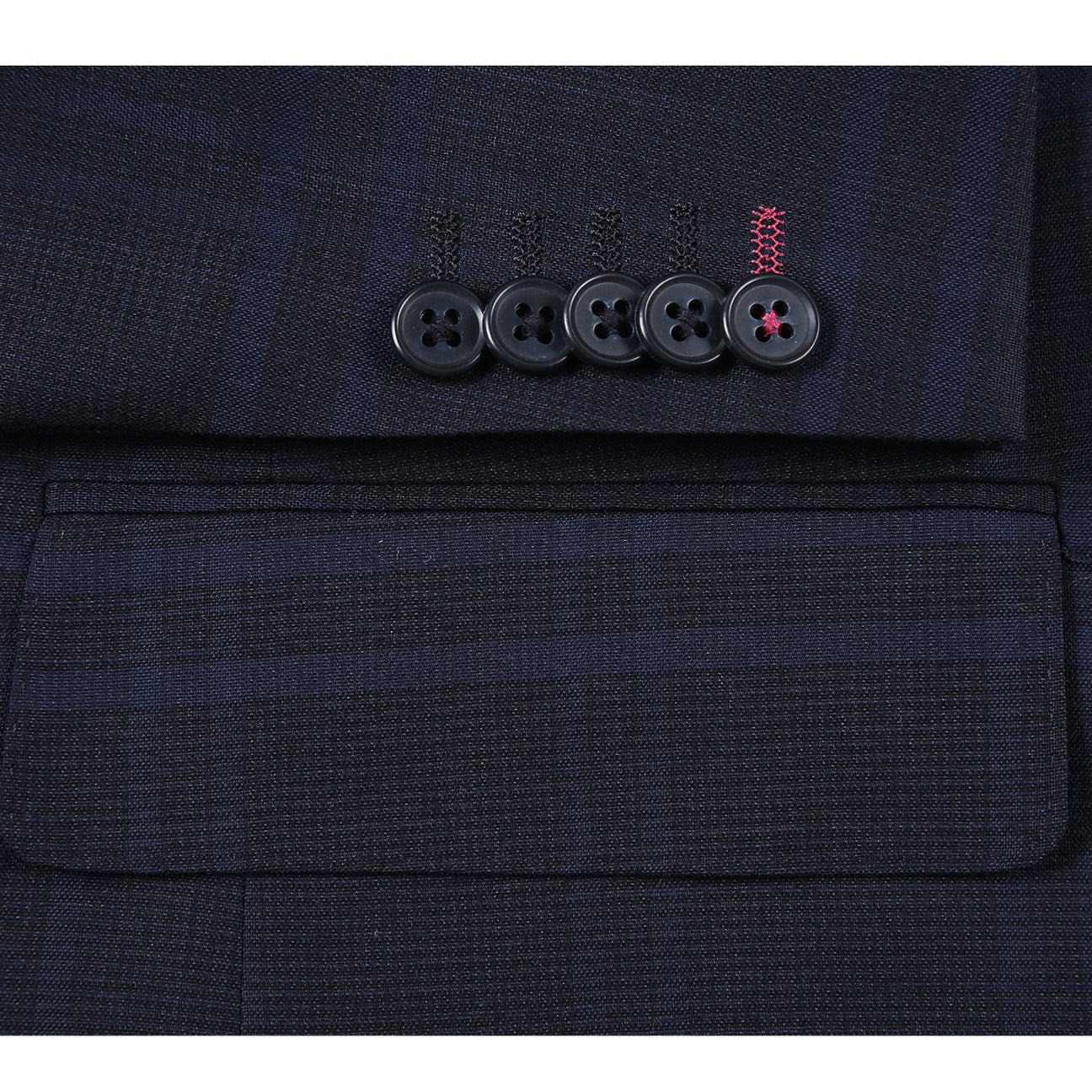 The ENGLISH LAUNDRY Navy Check Suit 22-20-410EL by English Laundry features a slim fit jacket with notched lapels, two-button closure, white dress shirt, and blue patterned tie—perfect for any formal occasion.