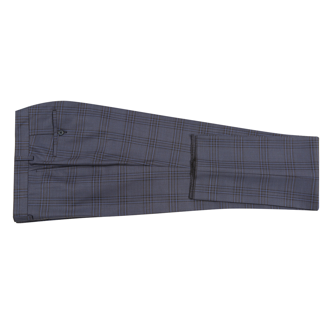 The ENGLISH LAUNDRY Grey Check Suit 12-53-093EL by English Laundry is a men's slim fit grey plaid blazer with two buttons, notched lapels, flap pockets, and a blue tropical-patterned inner lining.