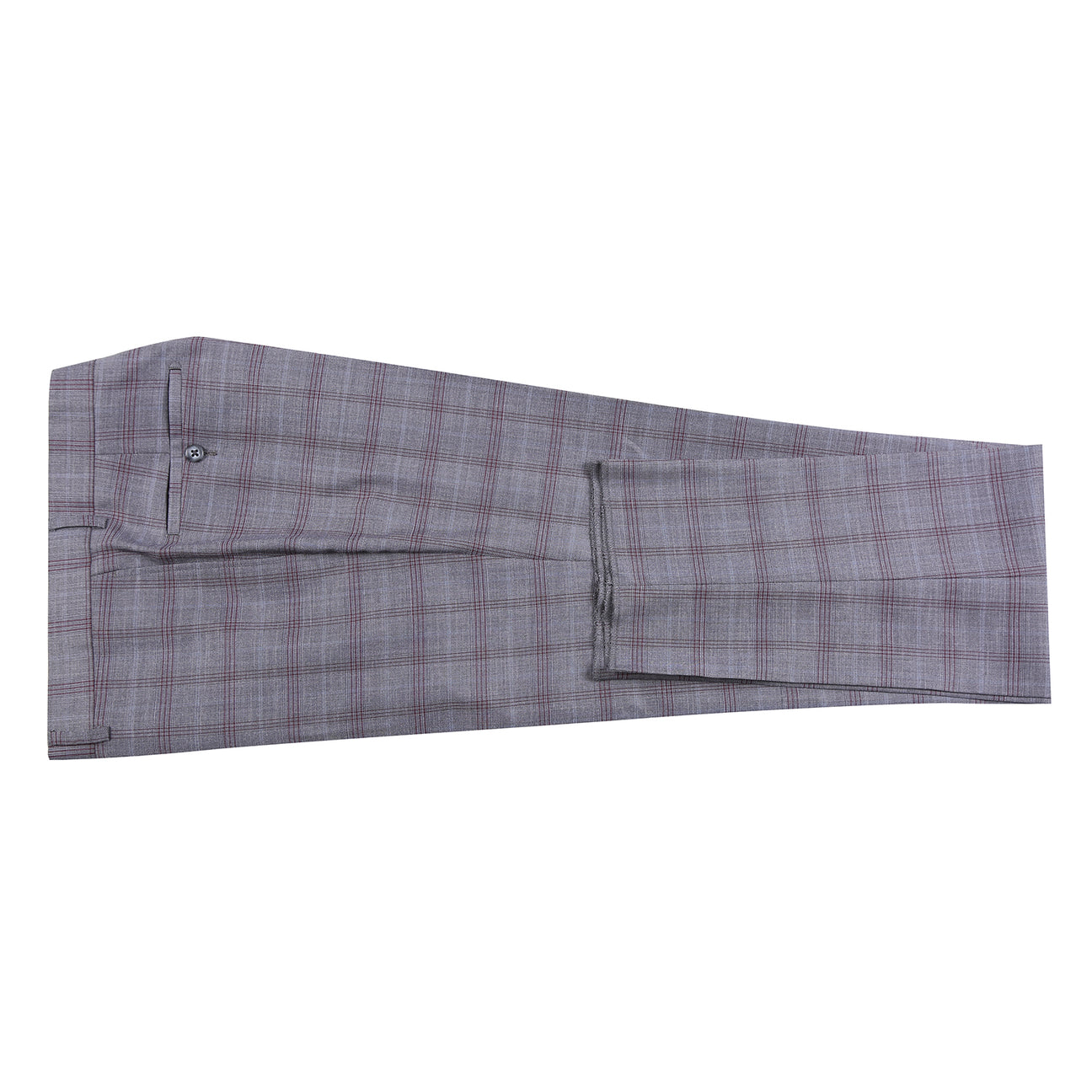 Close-up of the upper section of the ENGLISH LAUNDRY 2pc Suit Gray 32-57-092EL by English Laundry, highlighting gray plaid slim-fit trousers with red lines, a belt loop, waistband, and a buttoned back pocket.