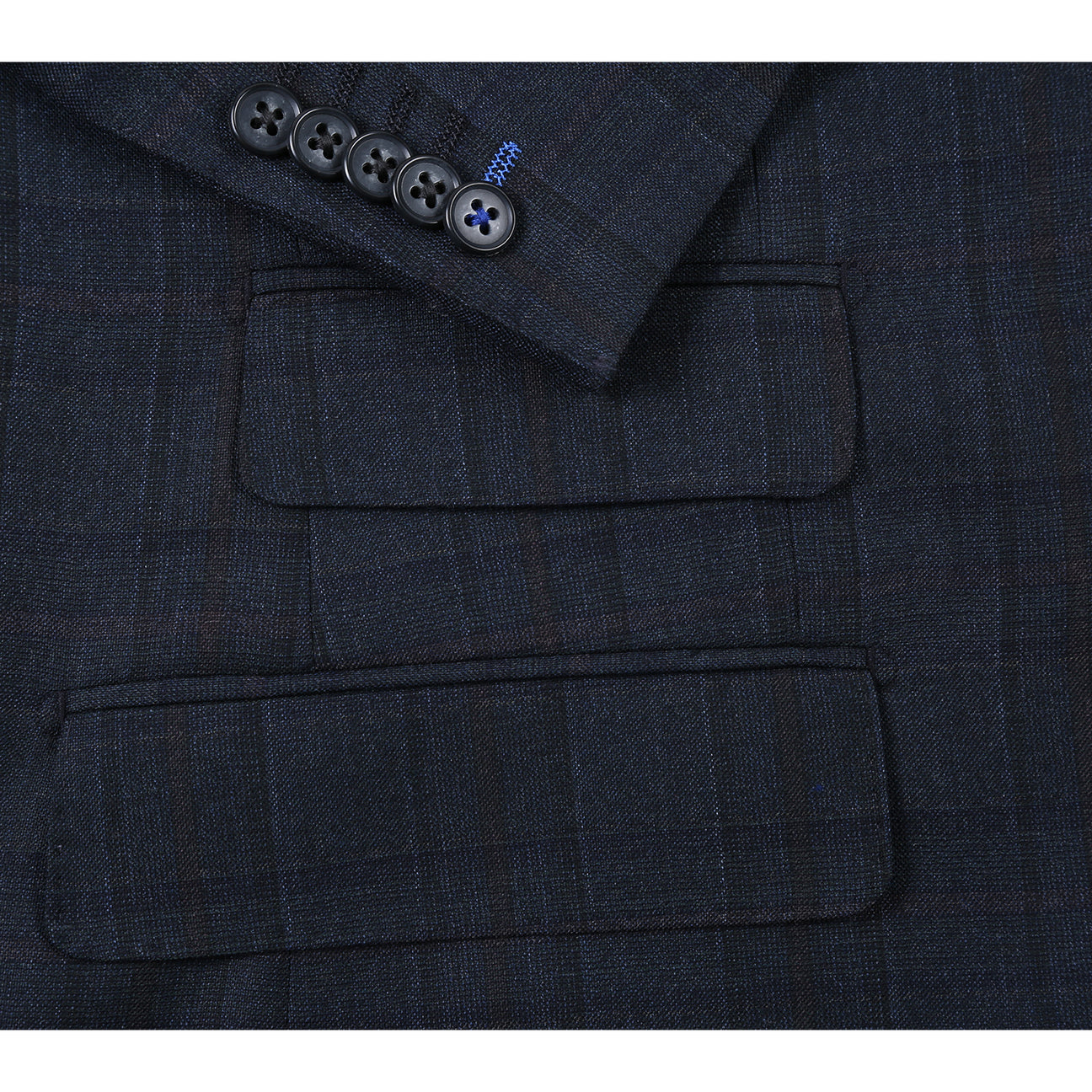 The ENGLISH LAUNDRY Dark Navy Check Suit EL12-56-475 by English Laundry is displayed on a mannequin with notched lapels, a white shirt, and striped tie—a sharp, modern two-button suit perfect for any occasion.