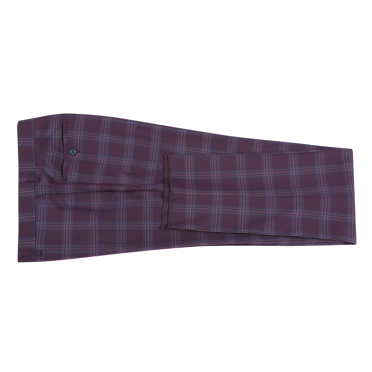 The English Laundry 2pc Suit (Purple, style 32-69-702EL) features a single-breasted jacket with two buttons, notched lapels, flap pockets, and a light blue floral lining.