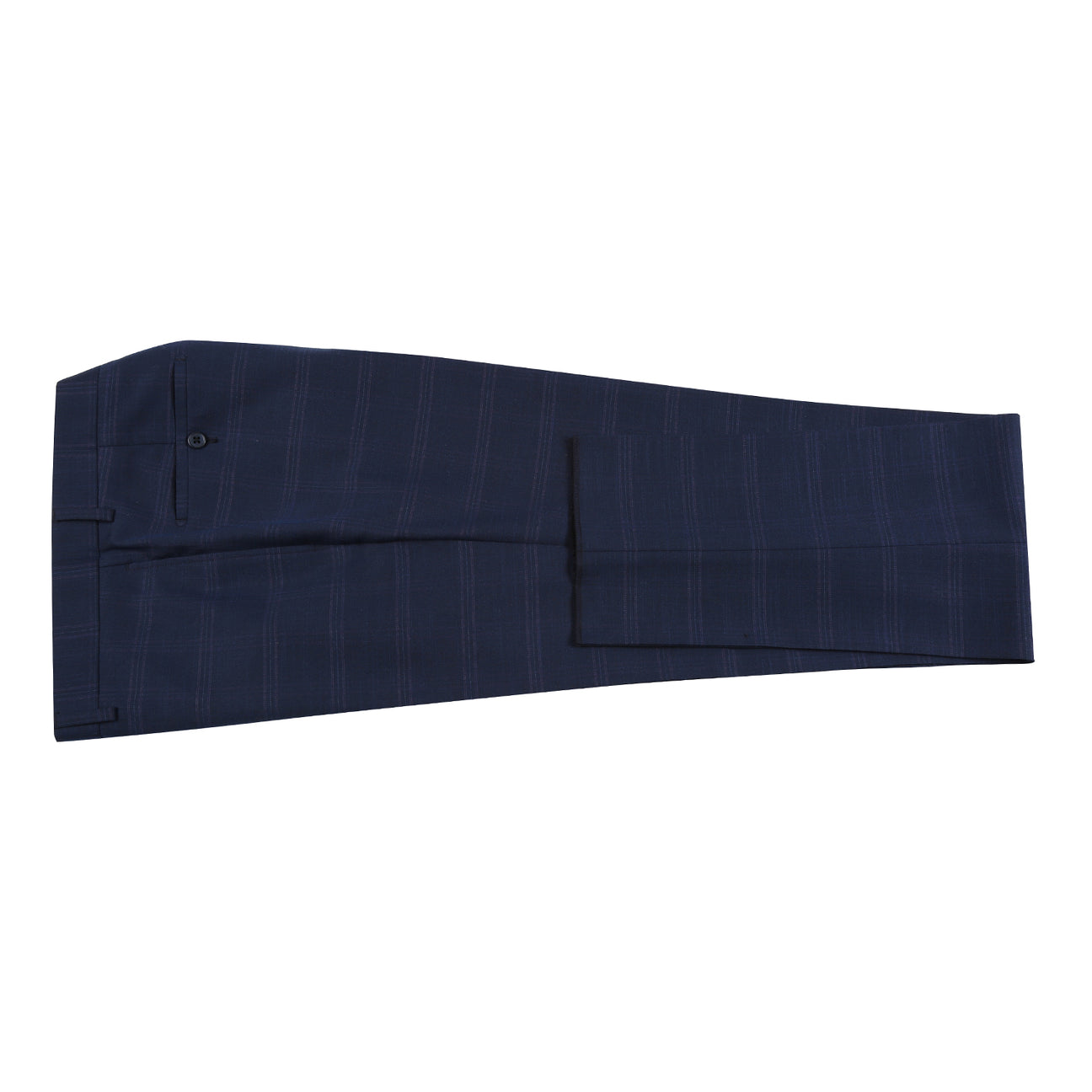 The ENGLISH LAUNDRY 2pc Suit Navy 32-55-410EL by English Laundry features a navy blue plaid blazer with single button closure, front pockets, and blue paisley inner lining in a comfy polyester-rayon-spandex blend, shown on a white background.
